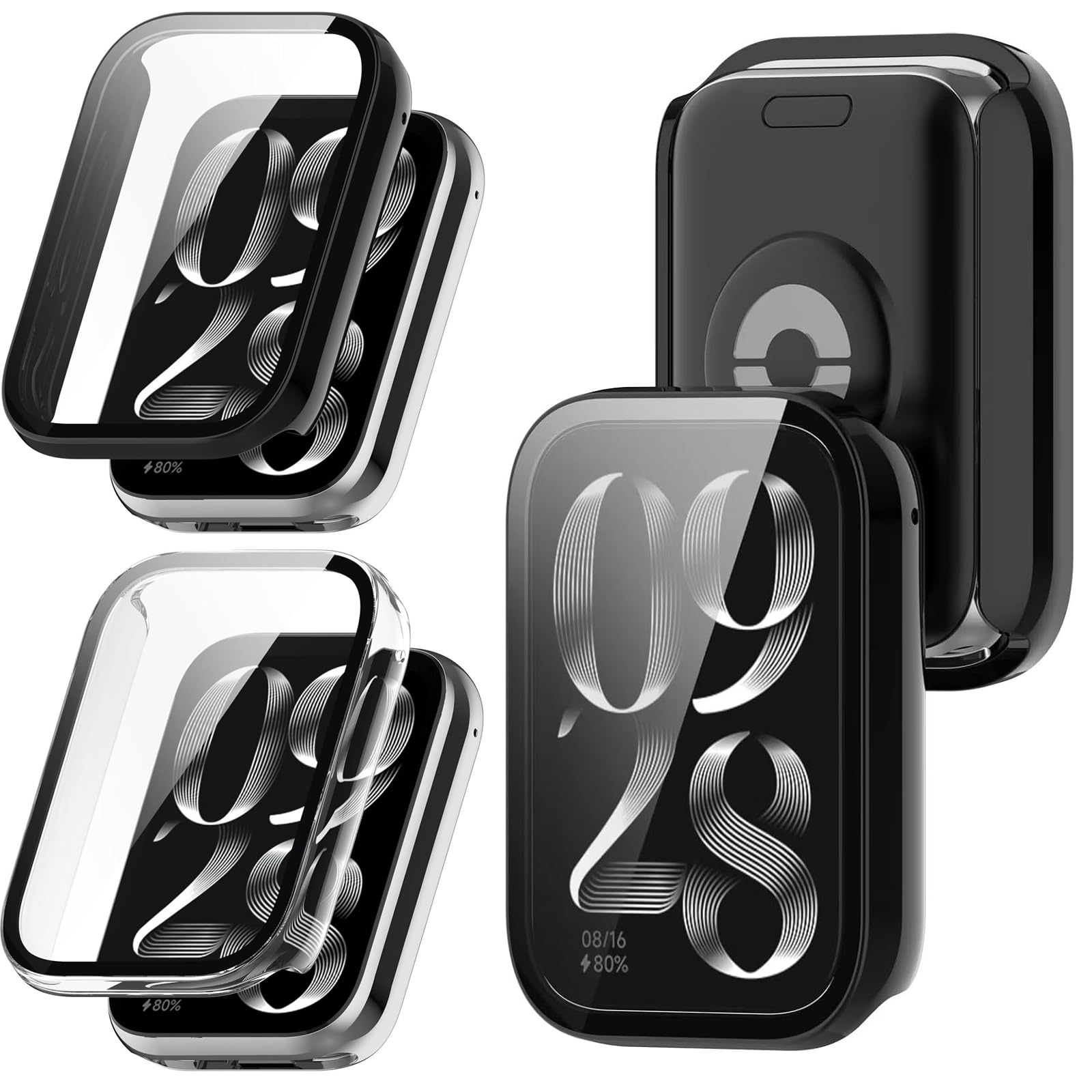 KZIOACSH Case with Tempered Glass for Xiaomi Smart Band 8 Pro, 2 Pack Full Coverage Waterproof Hard PC Bumper Cover All Around Anti-Scratch Shockproof Screen Protector Protective Case, Black+Clear
