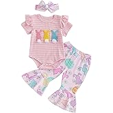 Sasaerucure Newborn Infant Baby Girl Easter Outfit Short Sleeve Bunny Romper + Flare Pants + Headband 3Pcs Clothes