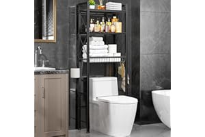 Kalrin Over The Toilet Storage with X Shape Side Guardrail, 3-Tier Over Toilet Storage Rack with Drain Basket, Freestanding Bathroom Organizer for Balcony Laundry, Pure Black