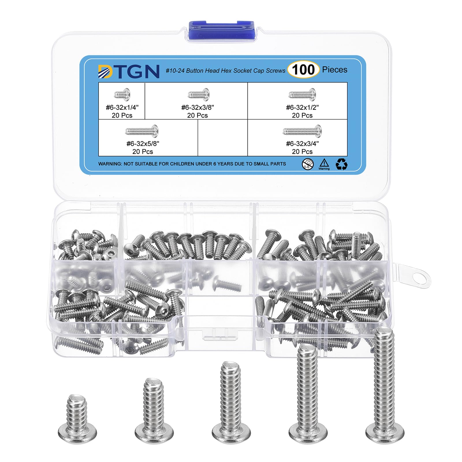 DTGN 100Pcs #6-32 Button Head Socket Cap Screws Kit - 1/4" 3/8" 1/2" 5/8" 3/4" 304 Stainless Steel UNC Thread Hex Socket Cap Screw Assortment - Good for Machine, Furniture Repairing