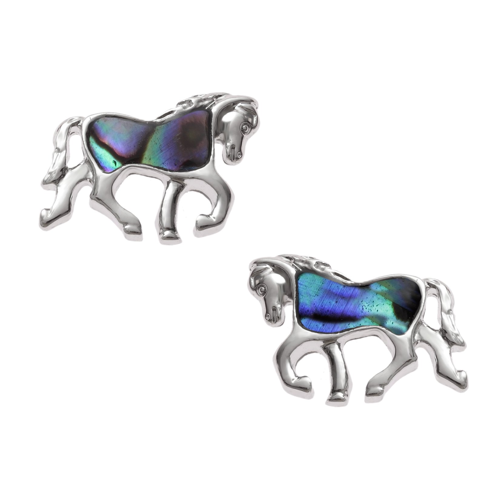 Kiara Jewellery Horse Stud Earrings Inlaid With Natural Greenish Blue Paua Abalone Shell Non Tarnish Silver Colour Hypoallergenic Rhodium plated.