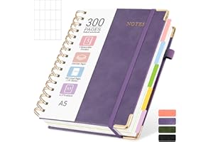 Lined Spiral Journal Notebook, 300 Numbered Pages A5 Size 5 Subject Notebooks College Ruled with Tabs and Removable Dividers,
