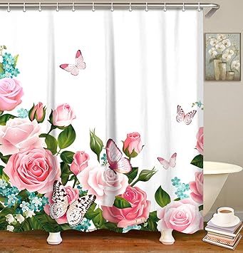 Amazon Com Livilan Pink Rose Fabric Shower Curtain Butterfly