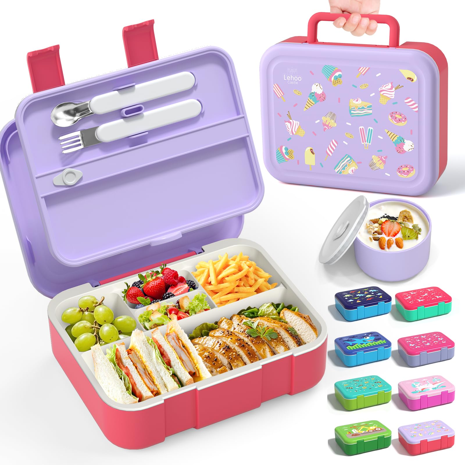 Lehoo Castle Kids Bento Lunch Box, 5 Compartments Lunchbox 1.25L, Lunch Containers with Sauce Jar/Spoon & Fork for Kids Girls School, Leakproof, BPA-Free(Ice Cream)