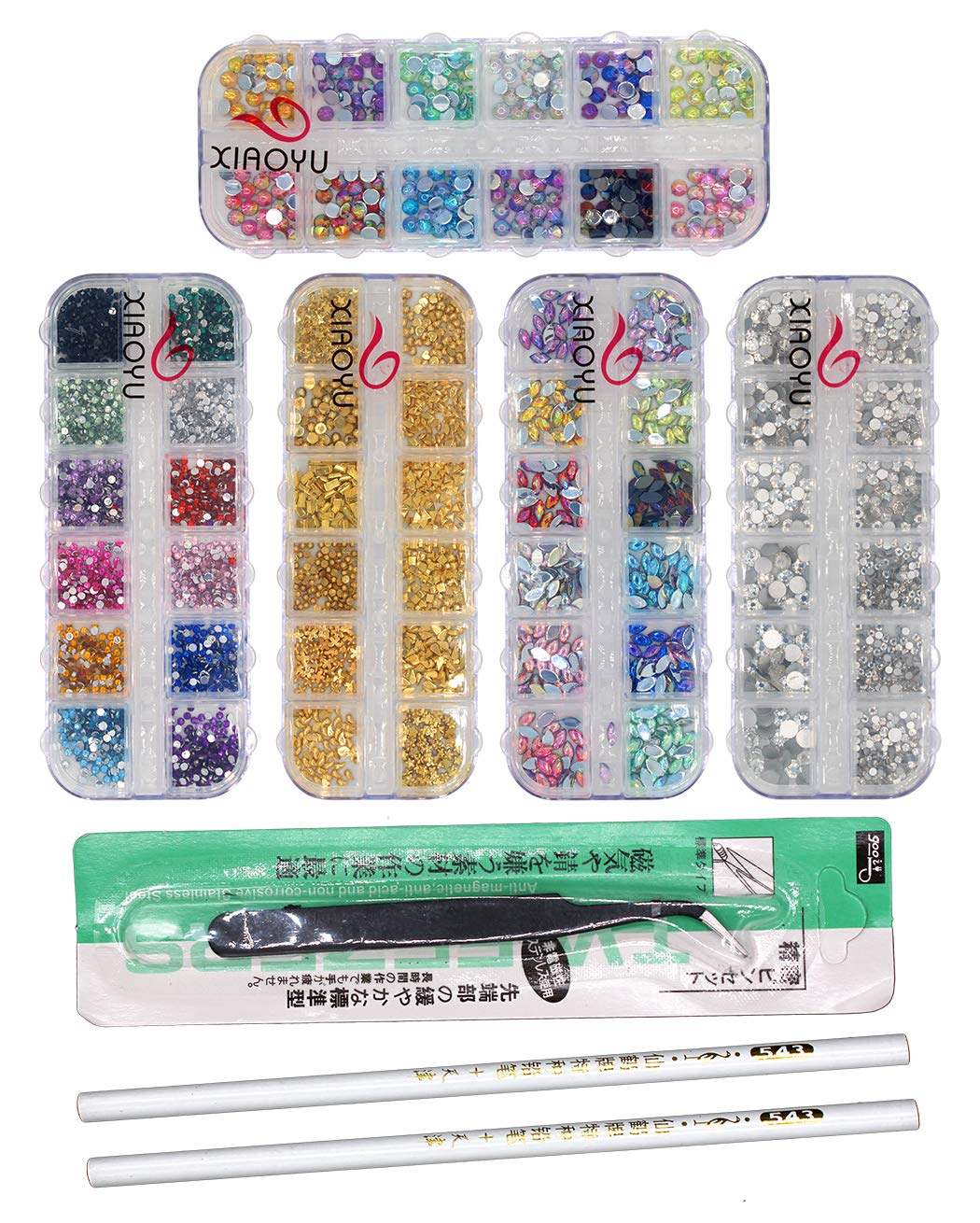 Xiaoyu 5 Boxes Nail Art Rhinestones Kit Nail Rhinestones Multicolor Nail Studs Horse Eye Rhinestones for Nail Art Decorations Supplies with 1PC Tweezers, 2PCS Wax Pencils, D