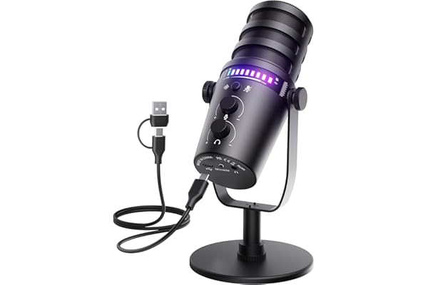 Gaming Microphone for PC, USB Computer Mic with Mute Button, LED Status Light, Gain Control and Headphone Jack, Plug-and-Play for Streaming, Discord, Twitch, YouTube, Podcast, Mac/Windows/PS5