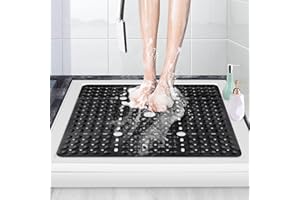 Square Shower Mat,27x27″TPE Anti-Slip Shower Mat,Large Shower Mats for Inside Shower, Shower Stall Mat with Suction Cups Drai
