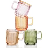 WeirdUncle Ribbed Glass Coffee Mug with bamboo lids and handle, so cute, 12oz Tea Drinking Glasses, Fluted Design, Ideal for Water, Iced Coffee, Juice, Latte, Milk, Gift (Colored)