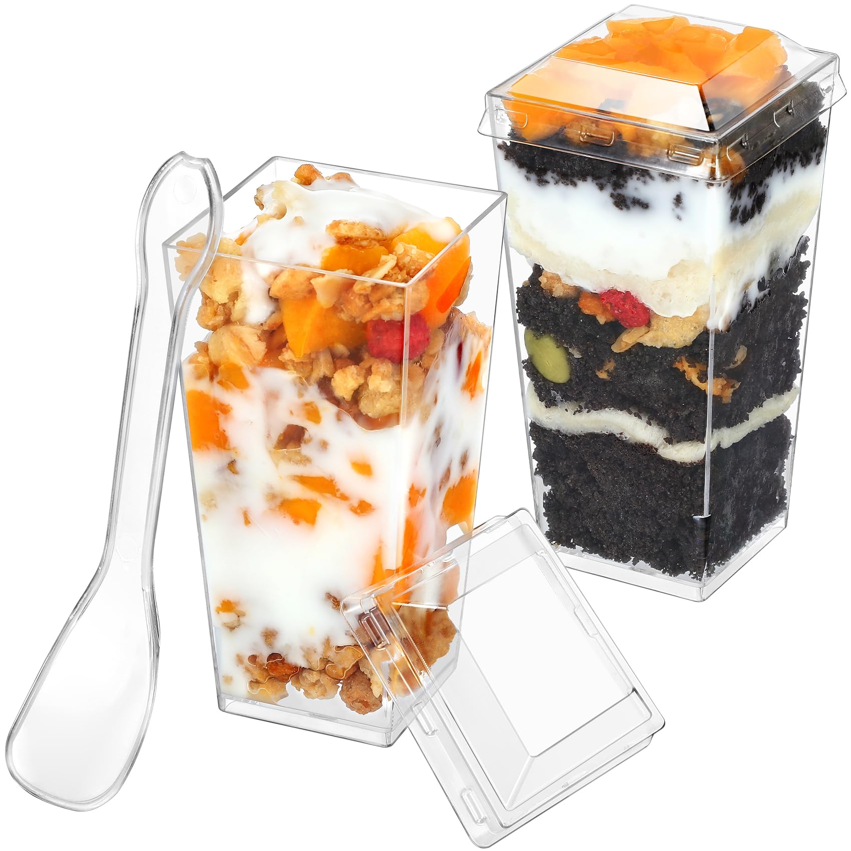 Photo 1 of HawHawToys 100 Pack 3 OZ Mini Dessert Cups with Lids and Spoons, Square Tall Plastic Parfait Cups Dessert Shooter Cups for Party, Small Plastic Dessert Cups for Pudding, Appetizers