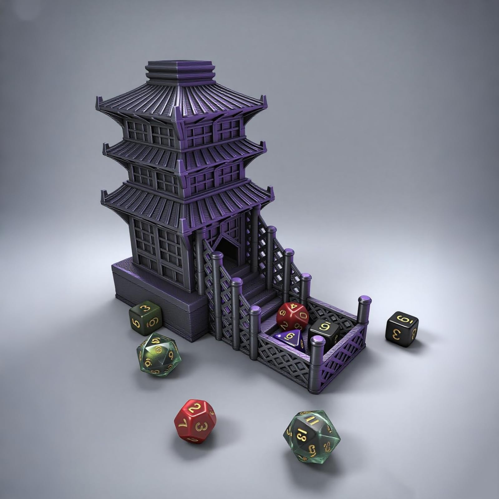 Photo 1 of XJPONGC Temple Dice Dice Tower Dungeons and Dragons RPG Tabletop Roleplaying Game Jail DND (Random 7PCS D20 Dice Set Included) Black&Purple