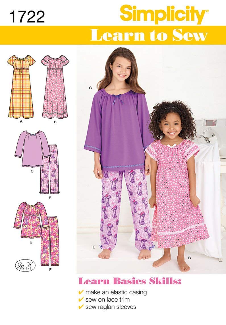 Simplicity Pattern 1722.K5 Learn To Sew Child's and Girl's Loungewear,WhiteT, 7 - 14