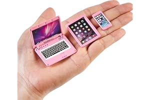 AANXUFA Dollhouse Laptop Accessories, 1/12 1/6 Scale Minature Tablet Smart Phone Mini Stuff Doll House Furniture Play Set Accessories 3 Pcs (Pink)