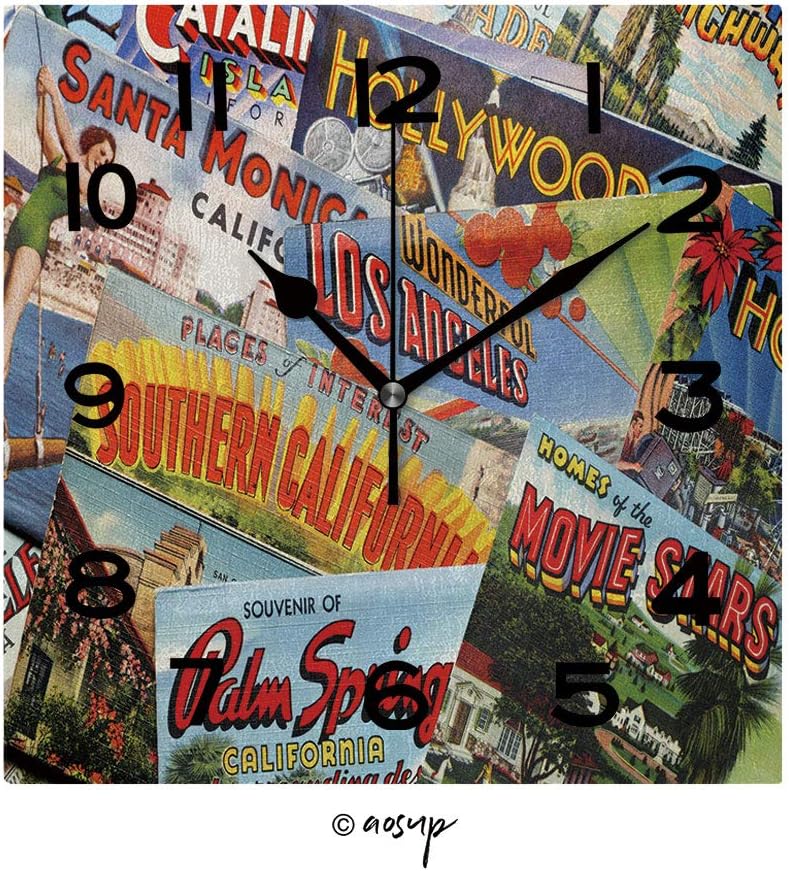 YOLIYANA Square Wall Clock Vintage Postcards from Los Angeles Area 8 inch Morden Wall Clocks Silent Square Decorative Clock