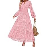 ZESICA Women's 2026 Spring Long Sleeve Maxi Dress V Neck Hollow Out Eyelet A Line Long Flowy Casual Party Dresses