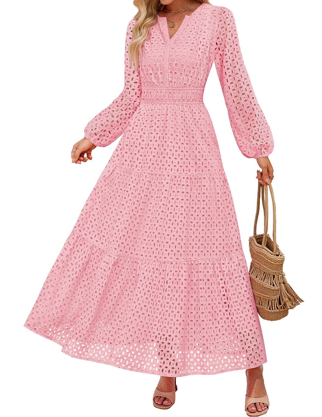 Photo 1 of ZESICA Women's 2025 Fall Long Sleeve Maxi Dress V Neck Hollow Out Eyelet A Line Long Flowy Casual Party Dresses PURPLE Medium