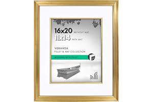 Americanflat 16x20 Picture Frame with Decorative Inner Mat Accent - Displays 11x14 Photos with Mat or 16x20 Without - Veranda Collection - Gold Vintage Frames with Polished Plexiglass