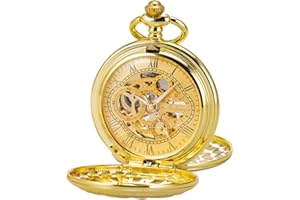 SIBOSUN Pocket Watch Skeleton Mechanical Double Case Hand-Wind Roman Numerals Antique Chain Mens