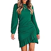 R.Vivimos Fall Elegant Dresses for Women Long Sleeve Crewneck Trendy Ruched Ruffle Hem Spring Casual Mini Dress