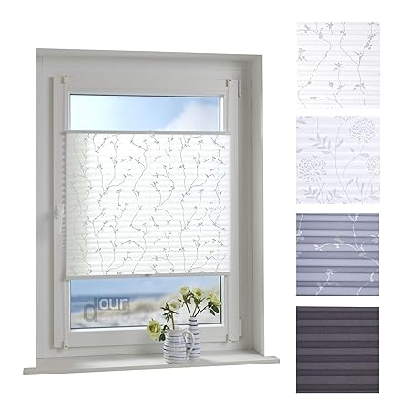 ourdeco® Plissee / 80 x 210 cm Weiß, bedrucktes Blumenmotiv Ranke/lichtdurchlässig, Blickdicht/Farbe: Weiß Ranke/Klemmen=Mont