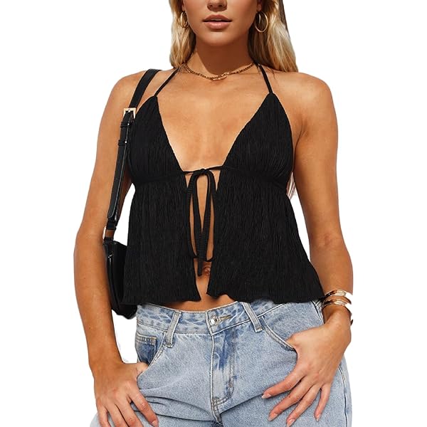 トップス melt the lady halterneck layered tops Women Y2k Front Tie Crop Tops Halter Neck Flowy Plisse Summer