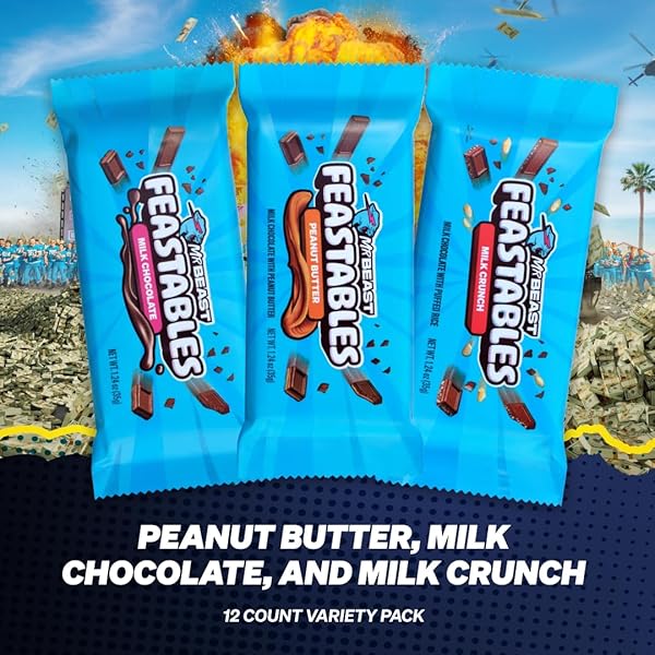 FEASTABLES BEAST GAMES CHOCOLATE BAR BOX, MILK CHOCOLATE, CRUNCH, & PEANUT BUTTER BARS, FULL SIZE CANDY BARS FOR ADULTS & KIDS, CANDY BARS FOR SNACKS & GIFTS, FAIRTRADE COCOA, 1.24 OZ EACH, 12 COUNT