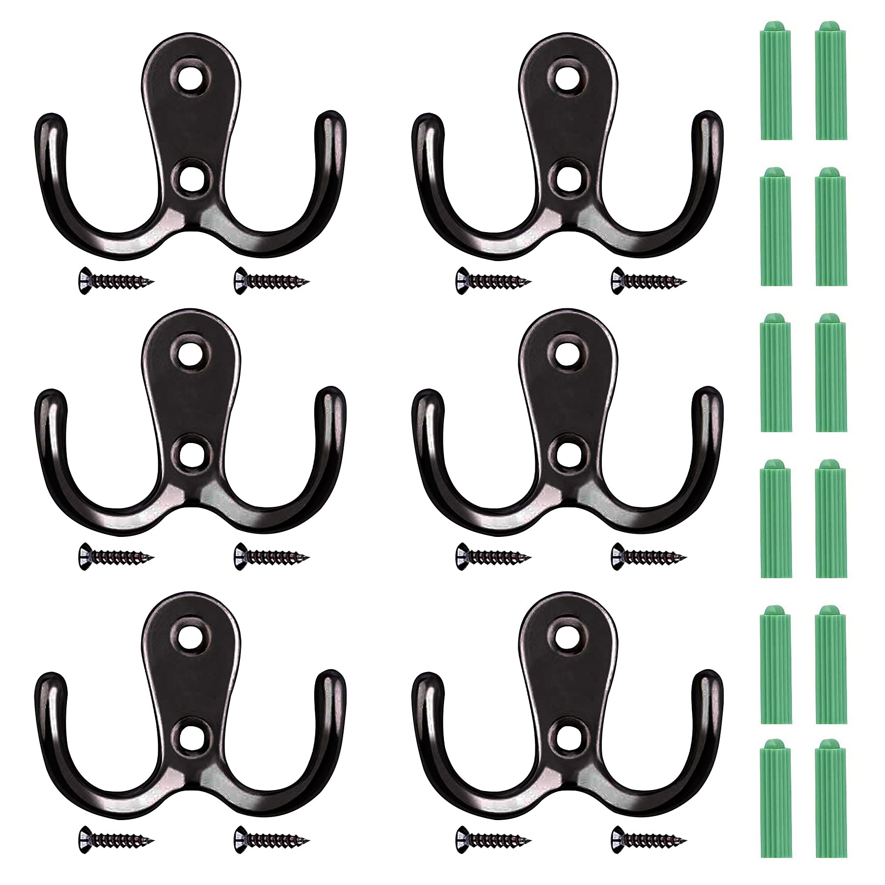 Double Hook Coat Hooks Metal Door Hook Clothes Hook Matt Black Mounted Wall Hooks Double Hooks for Back of Door Bathroom Bedroom(6Pcs)