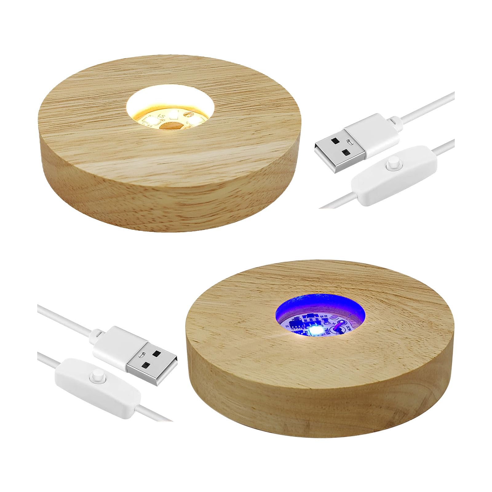 CDIYTOOL LED Lights Display Base, Wood LED Display Base for Crystals Glass Art, 4 Inch Warm/Multiple colour Lighted (Warm Color + 7 Colors) (ROUND + ROUND)