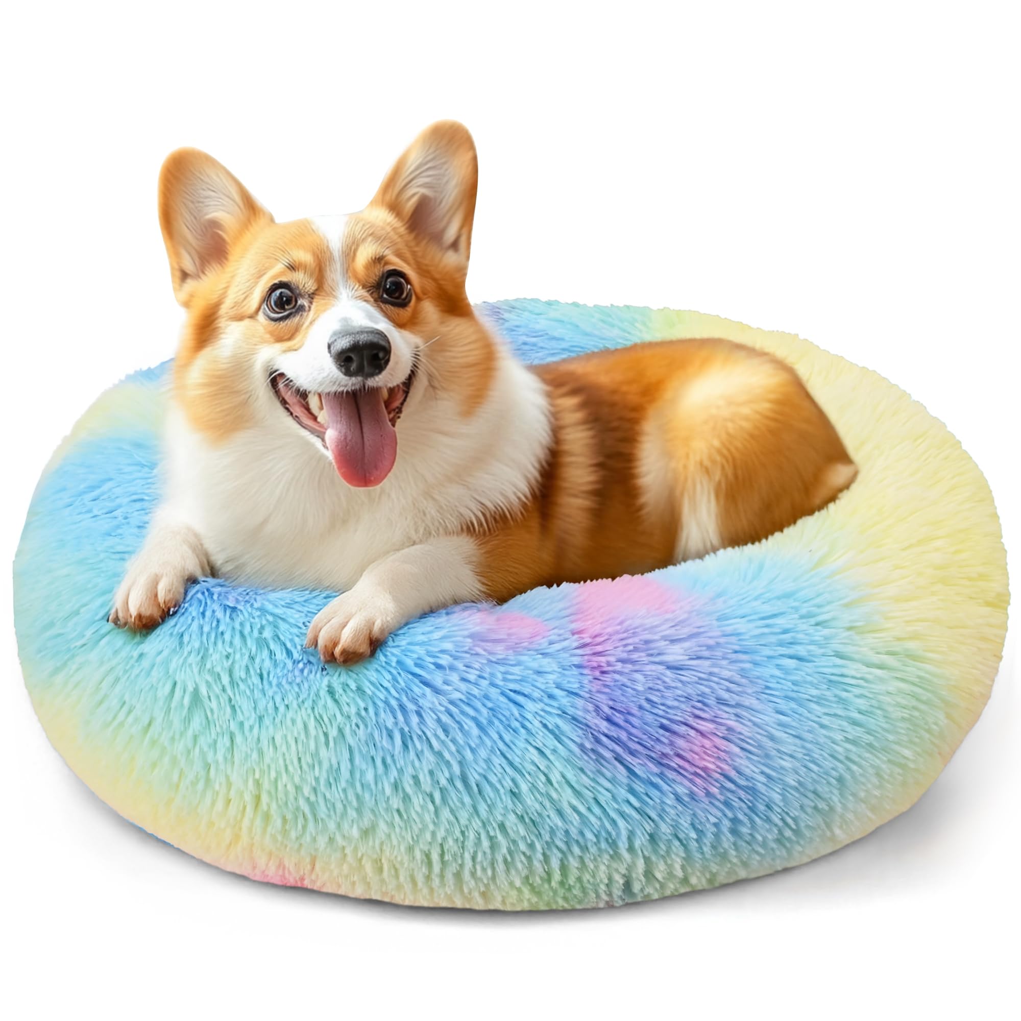 Photo 1 of 28in Large Dog Bed, Medium Size Dog and Cats, Calming Donut Bed for Puppy and Kitten, Washable Round Fluffy Pet Bed (Rainbow)