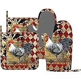 MIFSOIAVV Rooster Print Oven Mitts and Pot Holders Sets Silicone Rooster Kitchen Mitts Potholders Heat Resistant 4Pcs Oven Gloves Hot Pads for Kitchen Baking Cooking BBQ Grilling