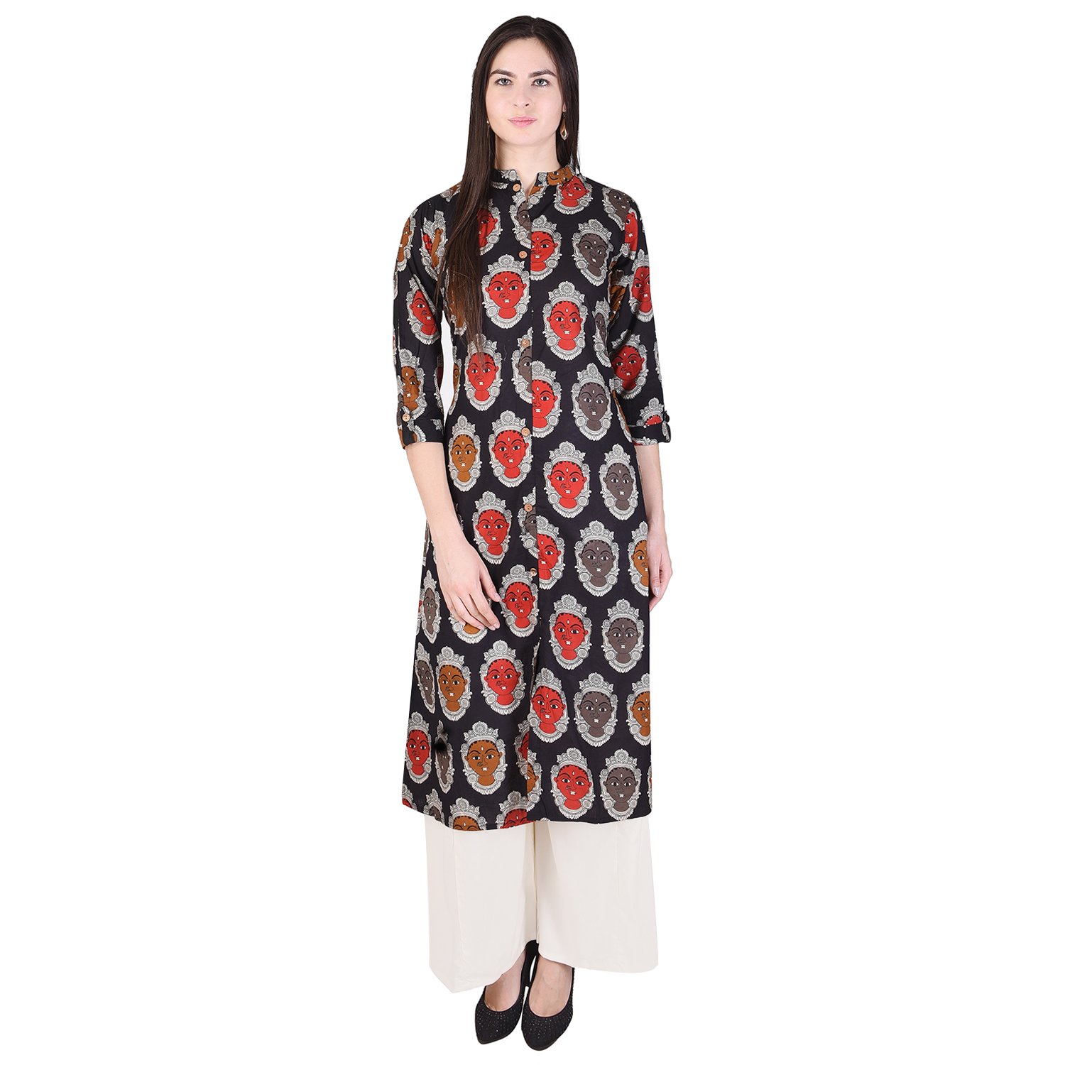 indiwest rayon printed black-off-white women's kurti ( with pocket)with rayon solid palazzo