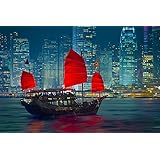 Hong Kong Water Taxi With Read Sails At Night Photo Photograph Cool Wall Decor Art Print Poster 36x24