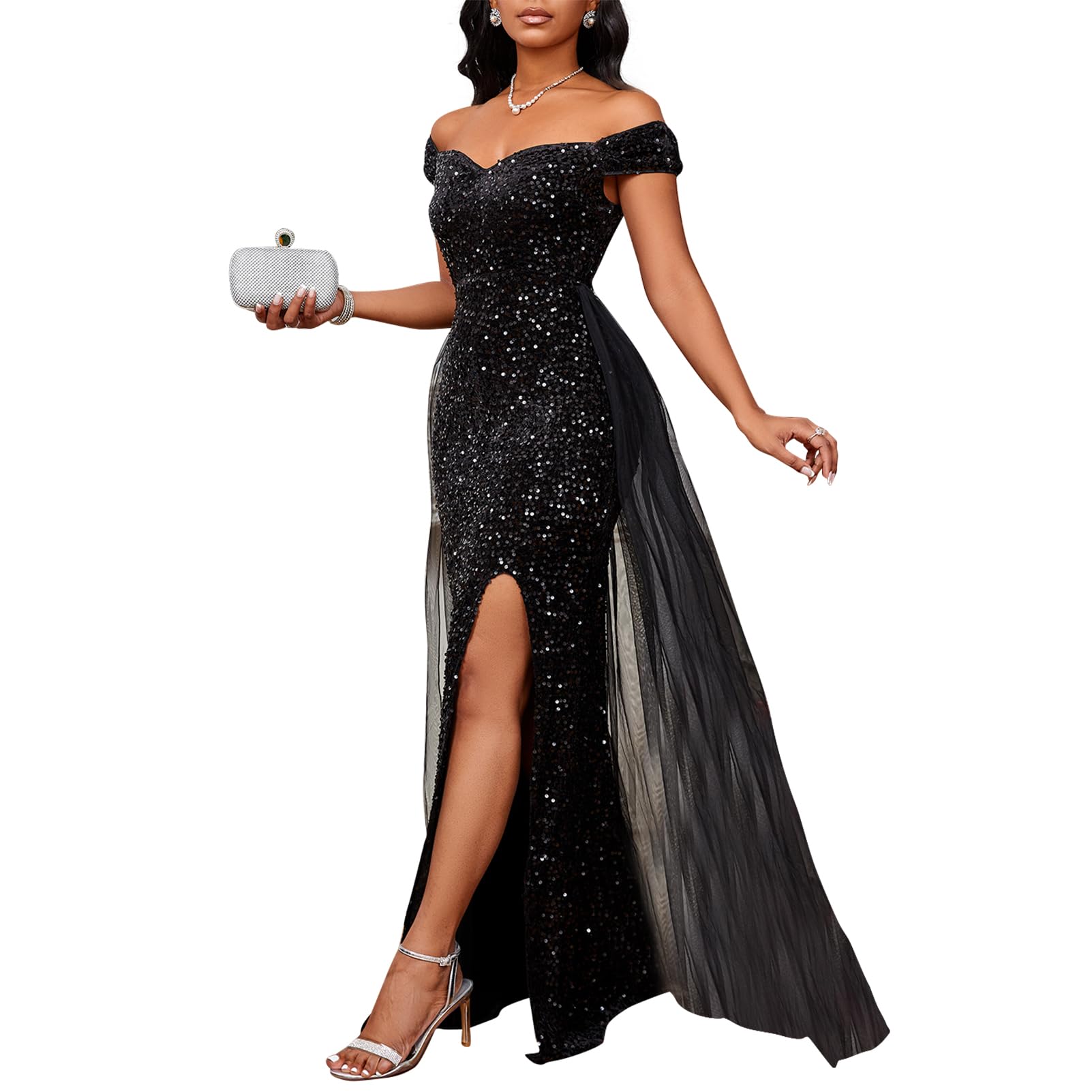 Photo 1 of Cololura Women Sexy Elegant Sequin High Split Off Shoulder Mermaid Party Bodycon Formal Evening Gowns Maxi Dress Black