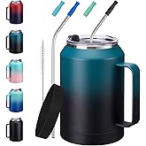 32/50oz Mug Tumbler with Handle and Straw - 32 oz Stainless Steel Wide Mouth Travel Coffee Cups w/ Lid, Reusable Home Office Work Mugs, Double Wall Vacuum Insulated Bottle Keep Cold 36 Hrs Hot 24 Hrs