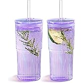 Puraville 2 Pack 20oz Glass Gups with lids and Straws, High borosilicate Reusable Iced Coffee Cup Tumbler, Leak Proof Driking Glass Mug for Water, Juices, Cocktails, Violet Purple