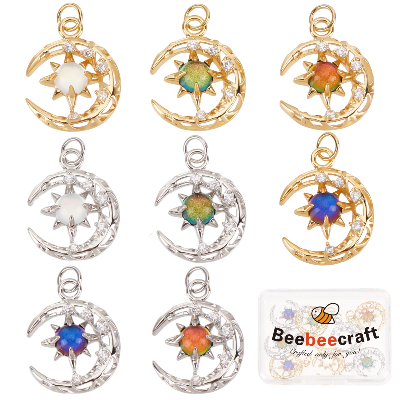 Beebeecraft 1 Box 8Pcs 8 Colors 18K Gold Plated Cubic Zirconia Moon Charms with Colorful Rhinestone Sun Dangle Pendants with Jump Ring for DIY Necklace Earrings — image 1