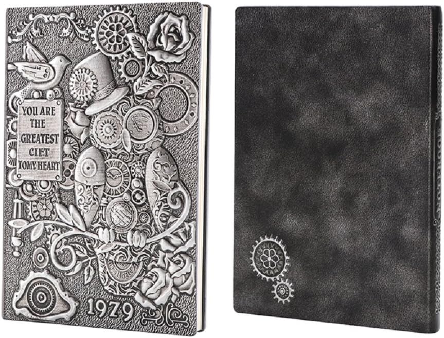 Fronnor Retro Embossed Machanic Owl Theme Hardcover Lined A5 Composition Notebook Vintage Handcraft Antique Diary Travel Journals for Students,Kid's Present,Business Use (Silver)