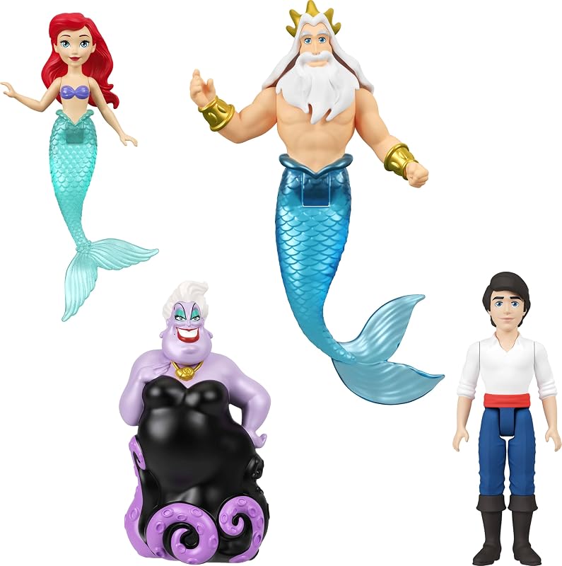 Mattel Disney Ariel Princesses, pacote de 4 pequenas bonecas da Pequena Sereia Ariel, Príncipe Eric, Úrsula e Rei Tritão, além de um tridente, inspirado no filme JHG84