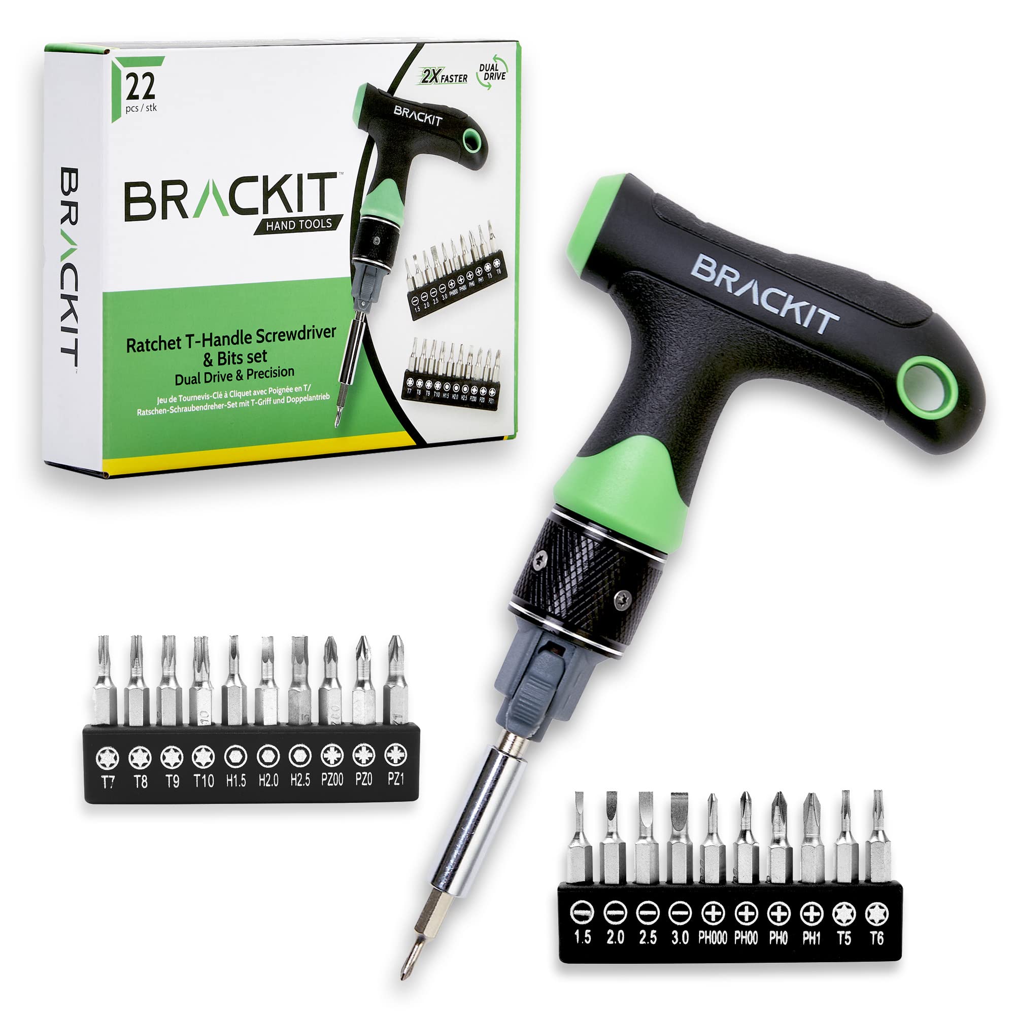 Brackit Dual Drive Ratchet T Handle Screwdriver and Bit Set – 22 Piece Precision Kit – 2 x Faster Than Regular Ones – Perfect Tool for Intricate Jobs