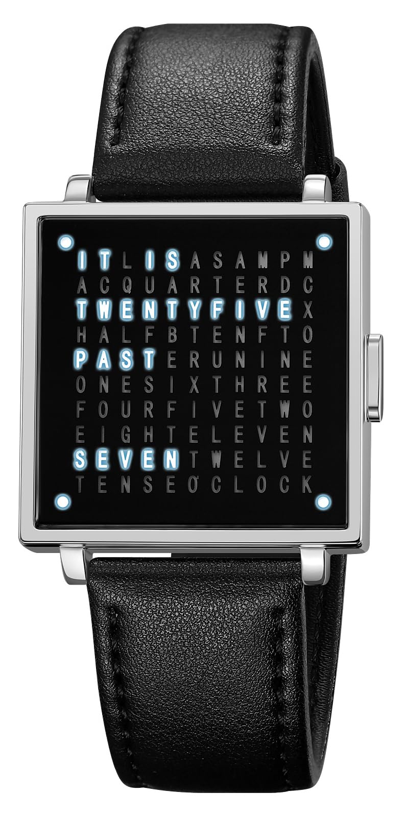 Gosasa Men’s Square Word-Matrix LED Watch Read Time in Words 30 m Waterproof Big Face Multifunctional Date Wristwatch Vintage Luxury Business Dress Timepiece Stainless Steel or Gold/Silver Toned