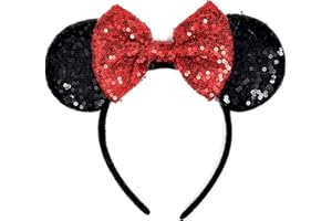ASHONE Mouse Ears Headbands for Women Groups Mouse Ears Shiny Bows for Birthday Themed Events Accessories Party (Red, One Size)
