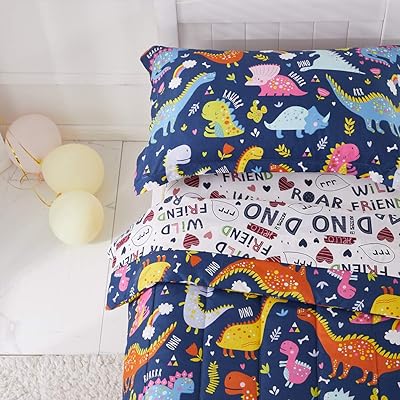 Buy Joyreap 4 Piece Toddler Bedding Set Standard Size Colorful Dinosaur Printed On Navy Includes Quilted Comforter Fitted Sheet Top Sheet And Pillow Case For Boys N Girls Online In Indonesia B07vc5nysd