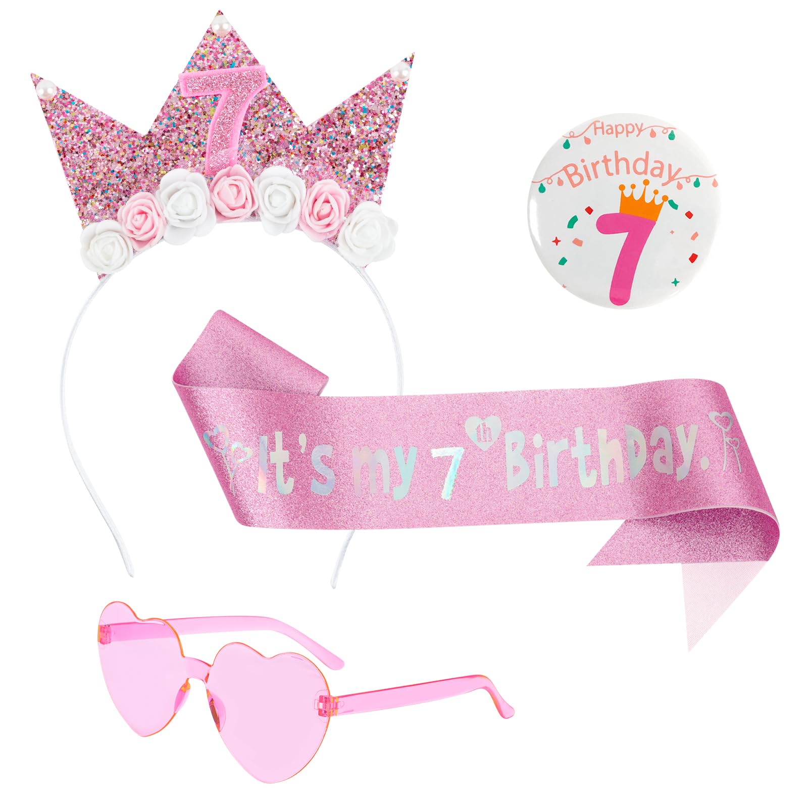 7th Birthday Girl Headband 4PCS Birthday Girl Decorations Set with Flower Princess Crown Hairband Glitter Sash, Badge and Glasses Birthday Girl Outfit Hair Band Decorations for Princess Party Decor