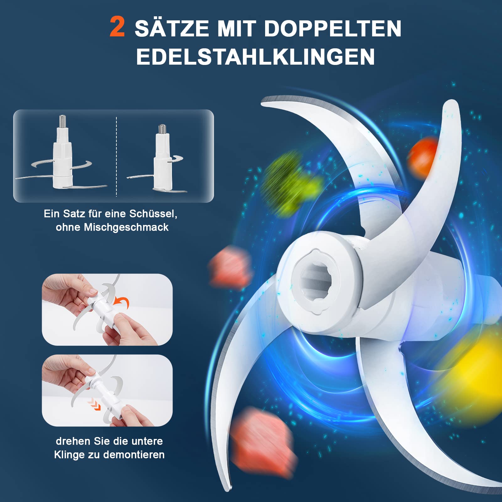 Bear 0.6L+2L Zerkleinerer Elektrisch Mini, 2 Geschwindigkeitsstufen, Häcksler mit 4-Edelstahlklingen und Fleischwolf, Glasbehälter Zerkleinerer für Fleisch,Babynahrung,Obst,Gemüse 3
