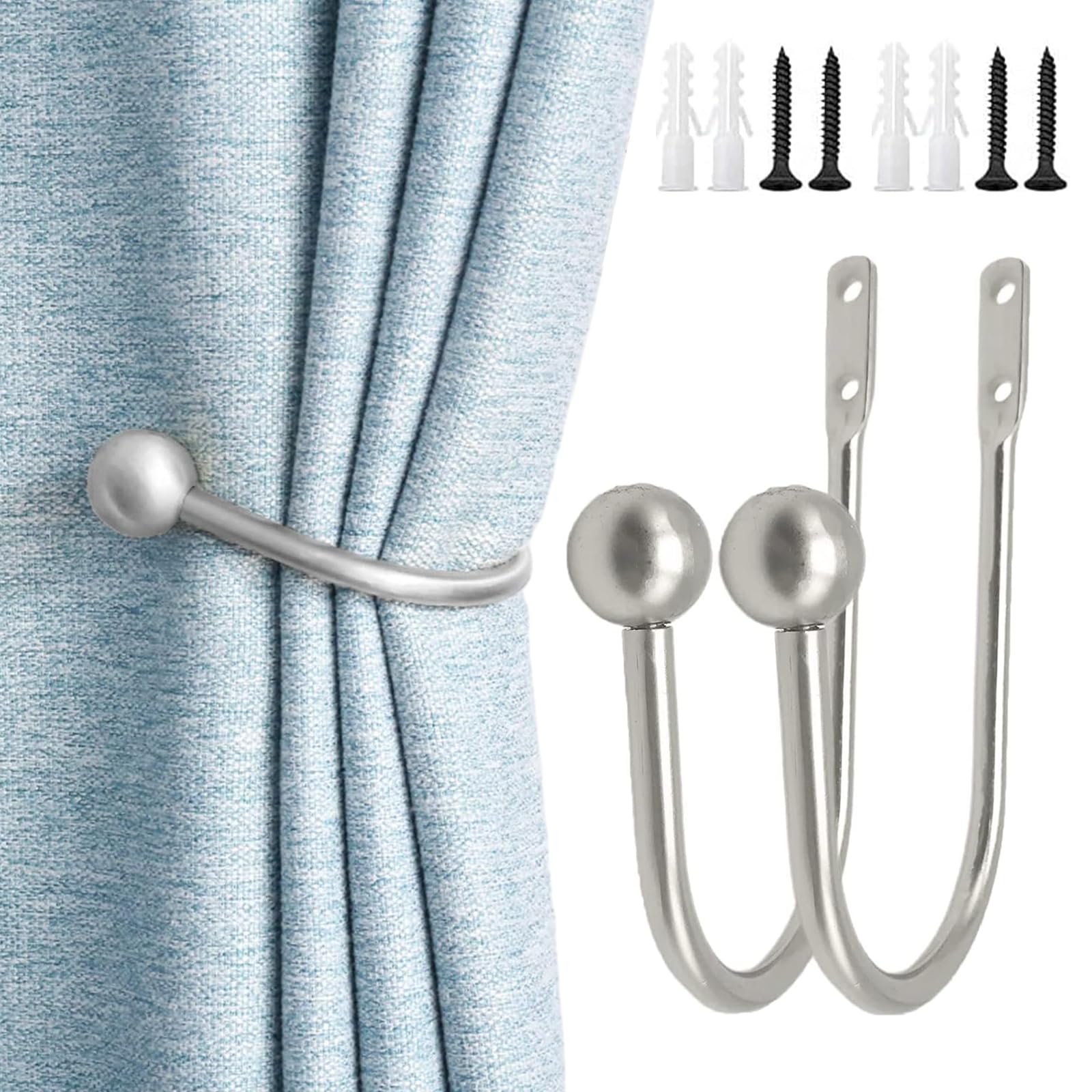 aqlbhz Curtain Tie Backs (2) - Chrome Finish, Silver - Wall Mounted, U-shaped Design for Convenient Use