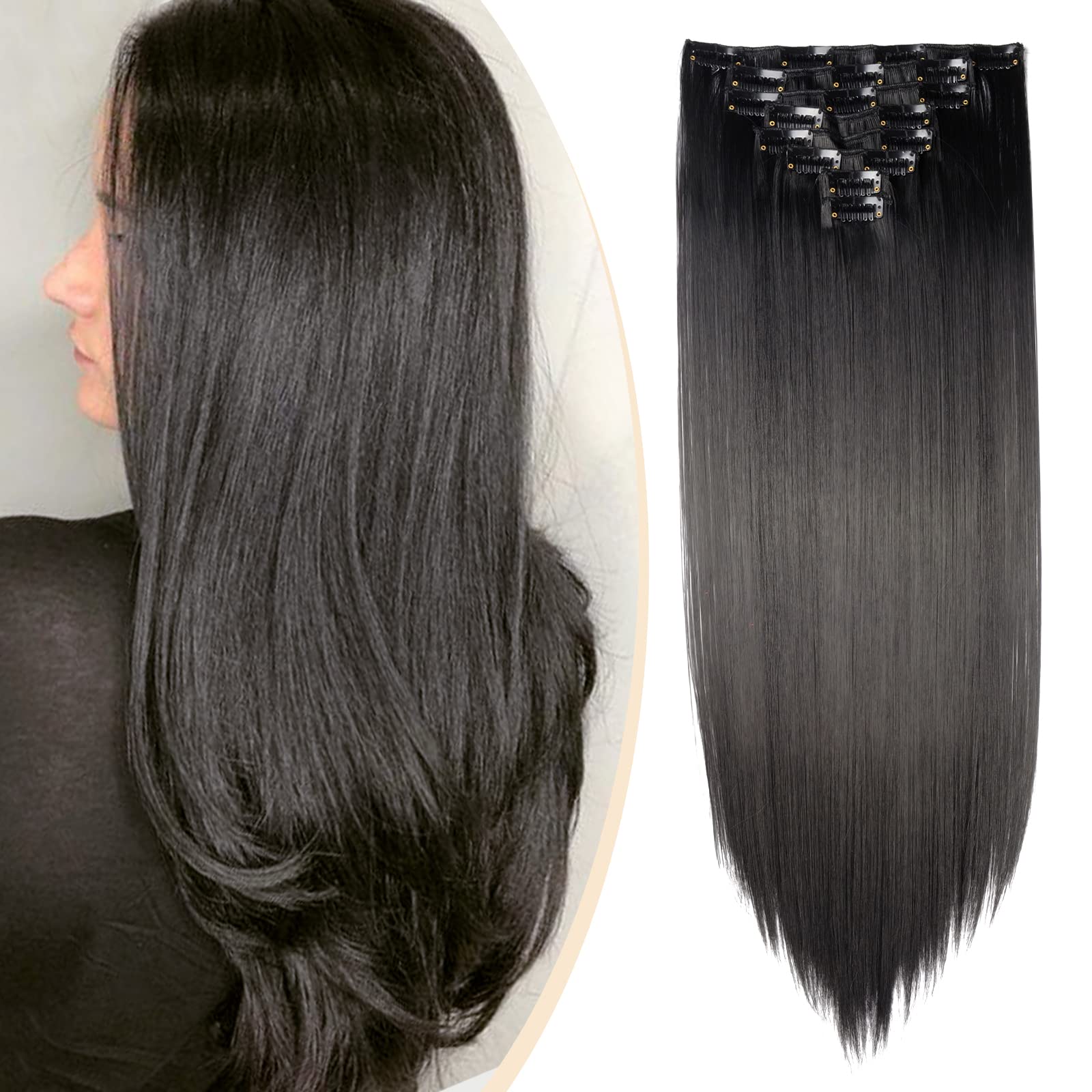 S-noilite 17-26 Inches(43-66cm) 8pcs Long Full Head Clip In Hair Extensions Extension Sexy Lady Fashion Choice 60 Colours (23 Inches-Straight, Dark Black)