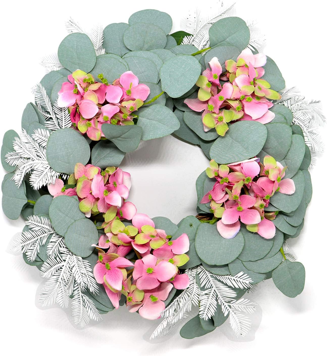 Jolitac 16 inch Artificial Wreath Green Leaf with Rattan Base Weaving, Handmade Eucalyptus, Cotton Flowers, Hydrangea, Grapevine Wreathes for Home Wall Door Decor (Hydrangea-16inch)