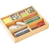 Umilife Large Bamboo Desk Drawer Organizer, Wood Junk Organizer Tray with Adjustable Dividers, Anti-Skip Storage Organization in Office Bathroom Drawer for Vanity, Makeup, 15" x 12"