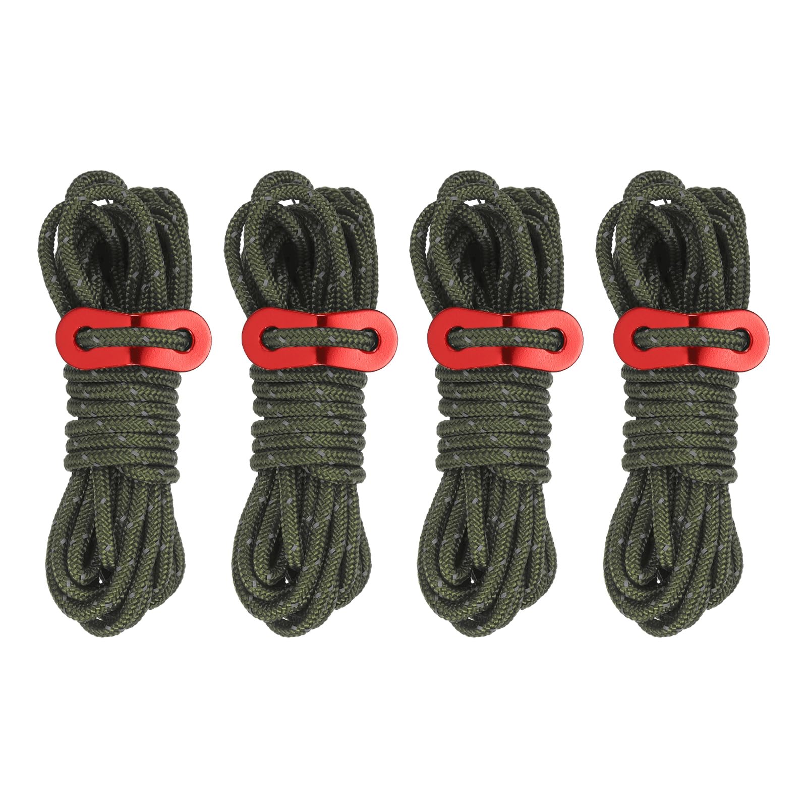 PATIKIL 4mm Tent Rope, 4 Pack 13ft Reflective Guyline Cord Tied Downs Rope Paracord Cord Camping Ropes with Red Aluminum Cord Adjusters for Camping Hiking Tent, Olive Green
