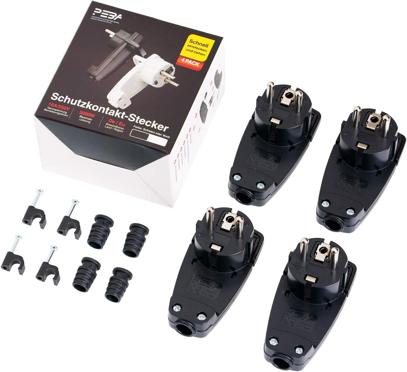 Schuko Stecker Mit Zugentlastung - 2 Stück Schwarz 250V 16A