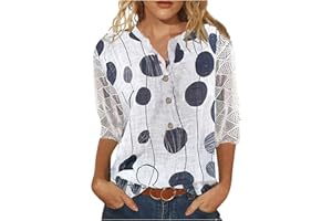 WJDNHKYD 3/4 Length Sleeve Womens Tops 2024 Floral Print Vintage Casual Loose with Round Neck Plus Size Shirts